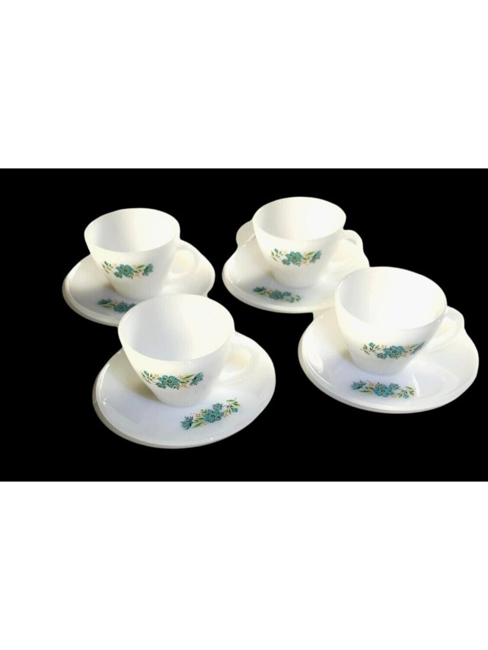 Vintage Fire-King Milk Glass Bonniie Blue Carnations Teacup & Saucer Set (4)